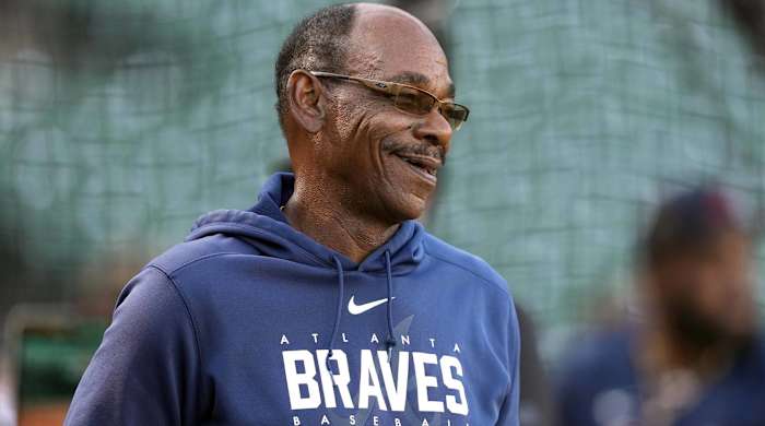 Braves third base coach Ron Washington looks on before a game.